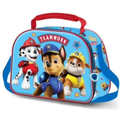 Mala azul infantil com personagens de desenho e texto TEAMWORK
