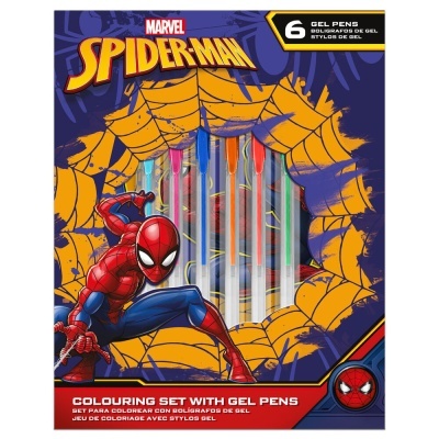 Conjunto de coloriagem Marvel Spider-Man com 6 canetas gel coloridas e embalagem com teia de aranha.