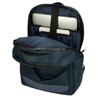 Mochila azul escura com compartimentos para portátil e tablet