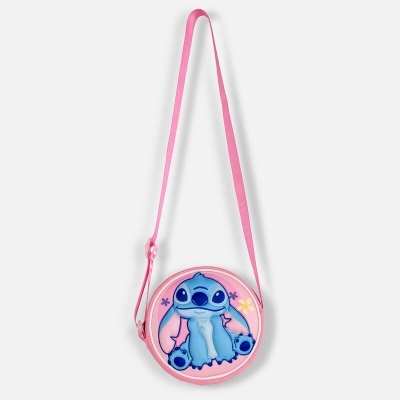 Mochila redonda cor-de-rosa com imagem de Stitch e flores