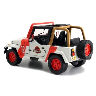 Miniatura de jipe Jeep branco com detalhes vermelhos e castanhos e logotipo Jurassic Park