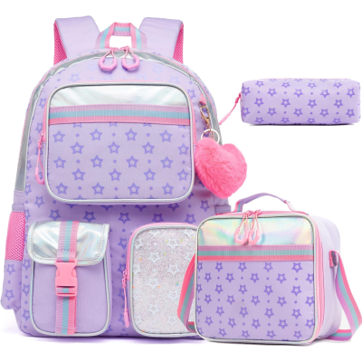 Conjunto escolar lilás com padrão de estrelas e acessórios
