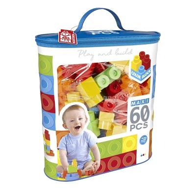 Embalagem de blocos de construção coloridos com imagem de bebé e texto de instruções