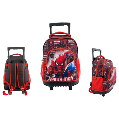 Mochila de rodas infantil Spider-Man vermelha e preta com alças e bolso lateral em rede.