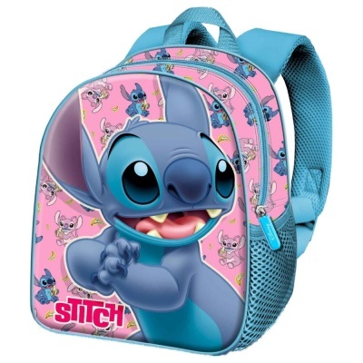 Mochila infantil azul com estampa do Stitch e fundo rosa com padrão de personagens e bananas