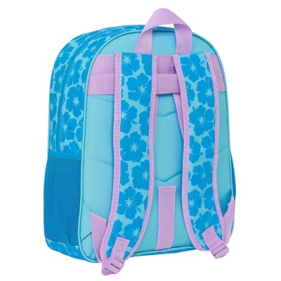 Mochila azul clara com alças lilás e padrão floral azul vista de trás