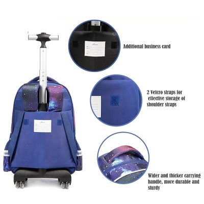 Mochila azul com padrão galáxia, rodas e cabo extensível