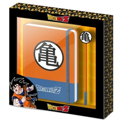Caixa com conjunto de caderno laranja e azul e caneta amarela Dragon Ball Z