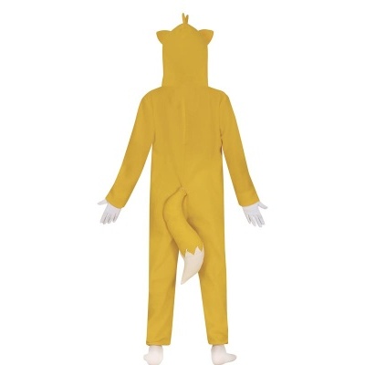 Macacão amarelo com capuz, orelhas e cauda visto de costas