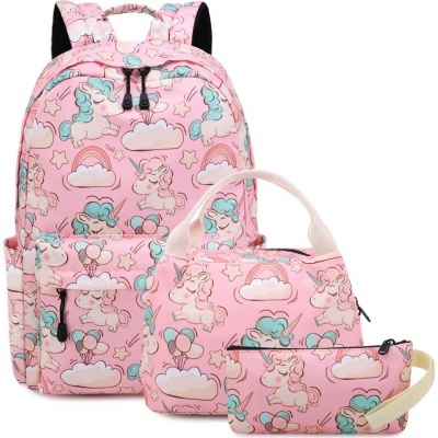 Conjunto rosa de mochila, bolsa e estojo com padrão de unicórnios e nuvens