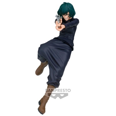 Figura colecionável de personagem anime com arma em pose de salto