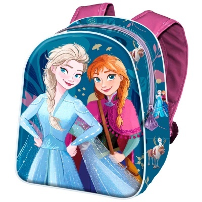 Mochila infantil azul com personagens Elsa e Anna do filme Frozen