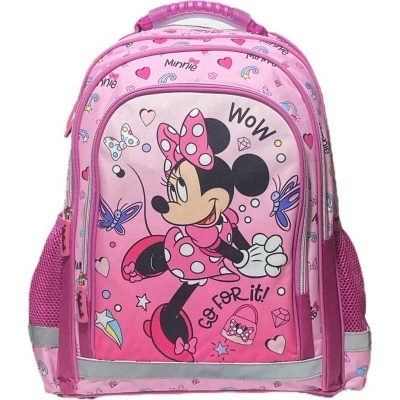 Mochila infantil rosa com Minnie Mouse e detalhes coloridos