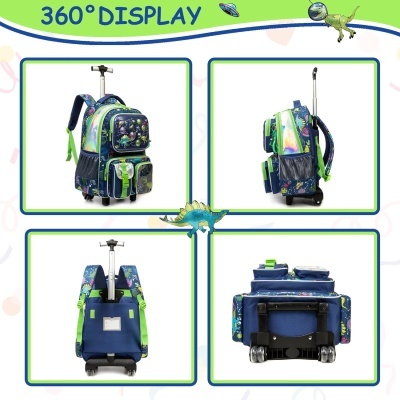 Mochila escolar com rodinhas e padrão de dinossauros em azul e verde exibida em quatro vistas