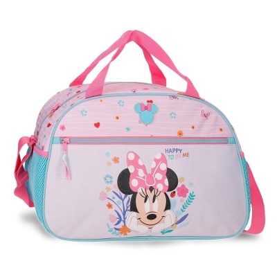 Mala infantil rosa com estampa da Minnie Mouse e texto HAPPY TO BE ME.