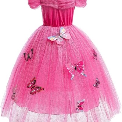 Vestido infantil rosa com tule e borboletas aplicadas