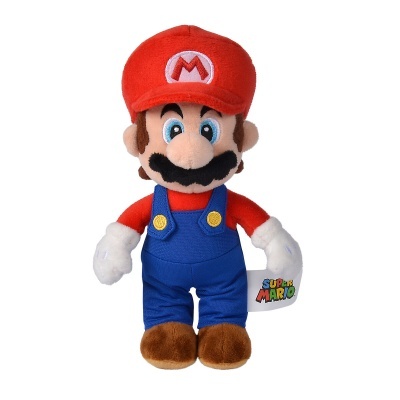 Boneco de peluche do Super Mario vestindo fato azul e boné vermelho