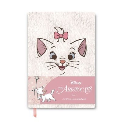Caderno A5 branco com desenho do gato dos Aristogatos e faixa rosa com texto