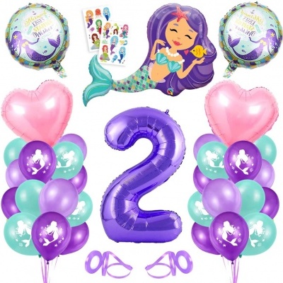 Conjunto de balões coloridos com tema de sereia e número 2