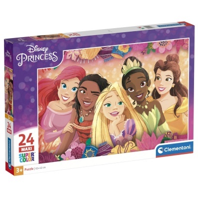 Caixa de puzzle Disney Princess com 24 peças e imagem das princesas Ariel, Moana, Rapunzel, Tiana e Bela.