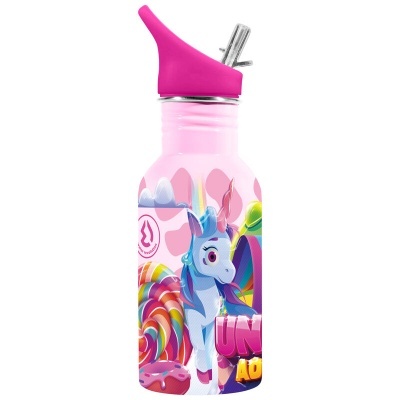 Garrafa rosa com tampa e unicórnio colorido e doces