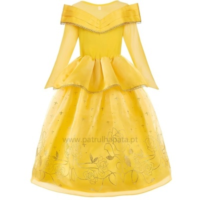 Vestido amarelo de princesa com detalhes em renda preta e padrão floral bordado