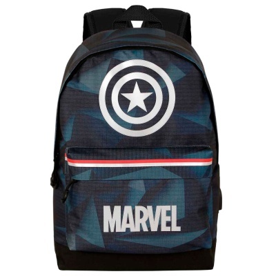 Mochila azul escuro com logo de escudo branco, faixa tricolor e texto MARVEL