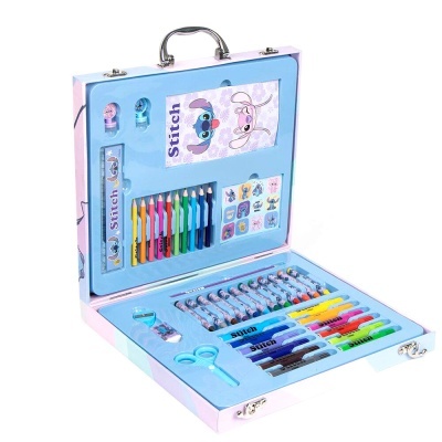 Conjunto de desenho Stitch com lápis, canetas e caderno numa caixa azul e rosa