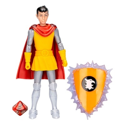 Figura de ação com escudo e dado, com túnica amarela e capa vermelha
