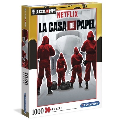 Caixa de puzzle 1000 peças 'La Casa de Papel' da Netflix com personagens de fato vermelho