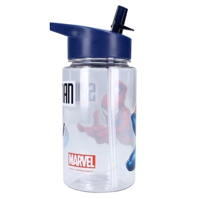 Garrafa de plástico transparente com tampa azul e ilustração Spider-Man