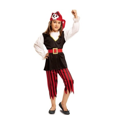 Fato de pirata infantil com calças às riscas e lenço com caveira.