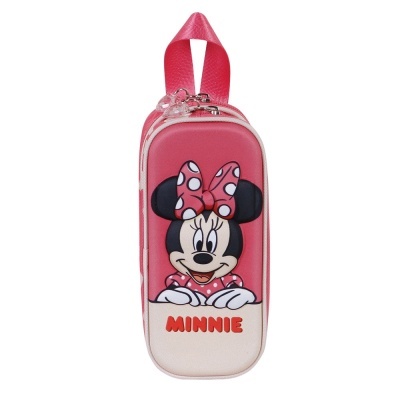 Estojo escolar rosa com imagem da Minnie e texto MINNIE