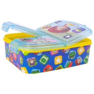 Lancheira de plástico Toy Story com tampa azul e decorada com personagens