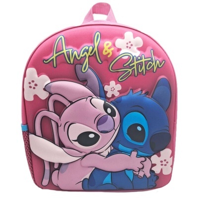 Mochila infantil rosa com personagens Angel e Stitch abraçados e flores brancas