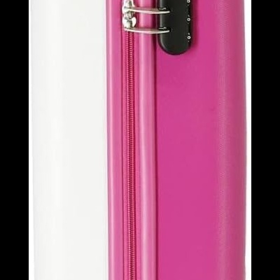 Mala de viagem rígida branca e rosa com rodas e fecho de combinação.