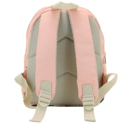 Mochila rosa vista da parte de trás com alças ajustáveis bege