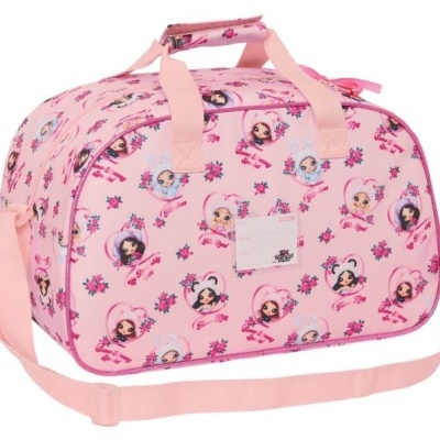 Bolsa cor-de-rosa com padrão de bonecas e flores pequenas e alças cor-de-rosa
