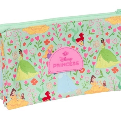 Estojo escolar Disney Princesas com padrão floral e fecho verde claro
