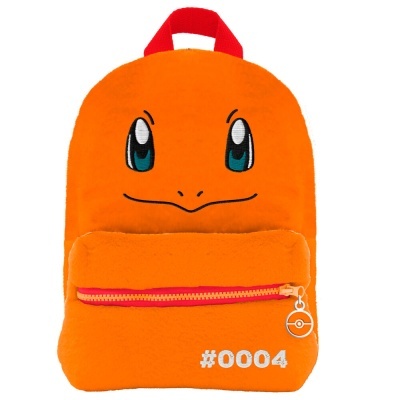 Mochila de peluche laranja com rosto bordado e fecho vermelho