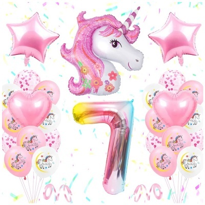 Balões decorativos de unicórnio, estrela rosa e número 7 para festa