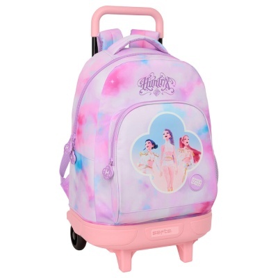 Mochila infantil rosa e lilás com rodas e personagens femininas no bolso frontal