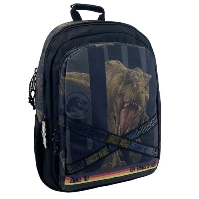 Mochila preta com dinossauro T-Rex e texto decorativo da Jurassic World