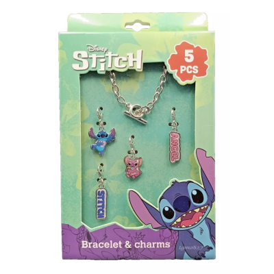 Conjunto Disney Stitch com pulseira e cinco pendentes coloridos em embalagem verde e lilás