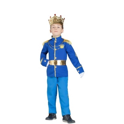Fato infantil de príncipe azul e dourado com coroa
