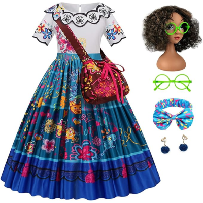 Vestido infantil colorido com padrão floral, bolsa, óculos, faixa e brincos