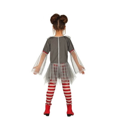 Fato infantil com vestido cinzento e tule transparente, leggings às riscas vermelhas e brancas, botas vermelhas