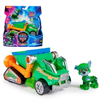 Veículo de construção verde com figura de cão verde pequeno, embalagem colorida PAW PATROL