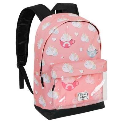 Mochila rosa com padrão de unicórnios, corações e xícaras, bolso frontal transparente