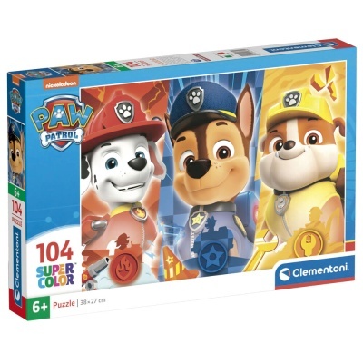 Caixa de puzzle Clementoni Paw Patrol com 104 peças para crianças a partir dos 6 anos.